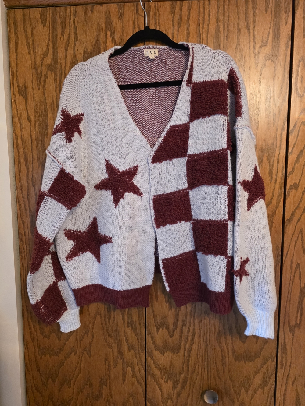 POL Cream & Burgundy Star Checker Knit Cardigan
